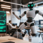 Un robot d'intelligence artificielle créé par OpenGraphy sautant de joie devant des développeurs d'IA humains travaillant sur des solutions d'optimisation des processus pour les entreprises.