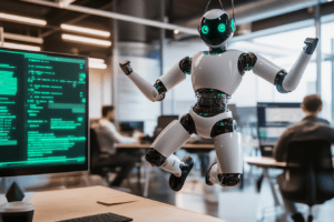 Un robot d'intelligence artificielle créé par OpenGraphy sautant de joie devant des développeurs d'IA humains travaillant sur des solutions d'optimisation des processus pour les entreprises.