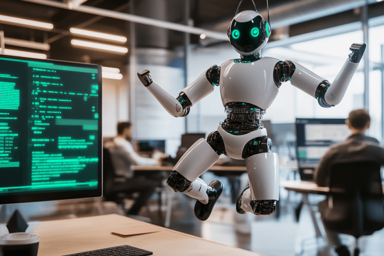 Un robot d'intelligence artificielle créé par OpenGraphy sautant de joie devant des développeurs d'IA humains travaillant sur des solutions d'optimisation des processus pour les entreprises.