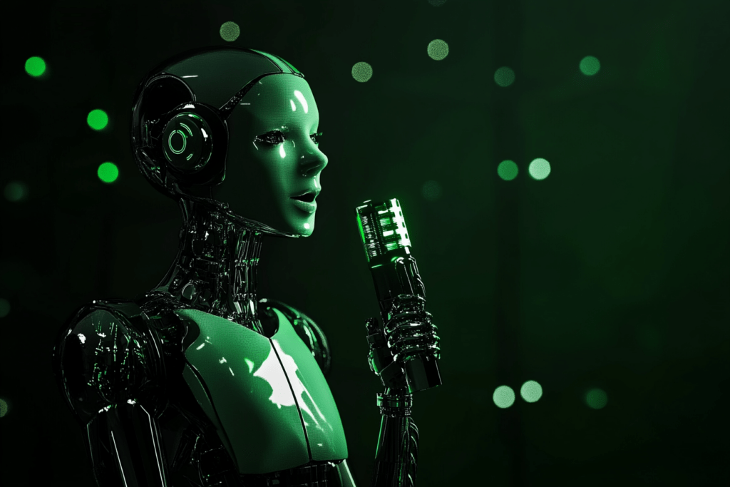 Interface holographique d’un assistant vocal IA d’Opengraphy avec des tons verts et blancs.