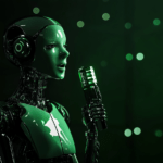 Interface holographique d’un assistant vocal IA d’Opengraphy avec des tons verts et blancs.