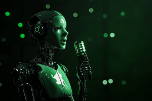 Interface holographique d’un assistant vocal IA d’Opengraphy avec des tons verts et blancs.