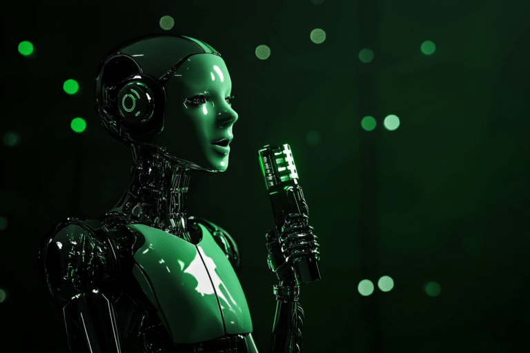 Interface holographique d’un assistant vocal IA d’Opengraphy avec des tons verts et blancs.