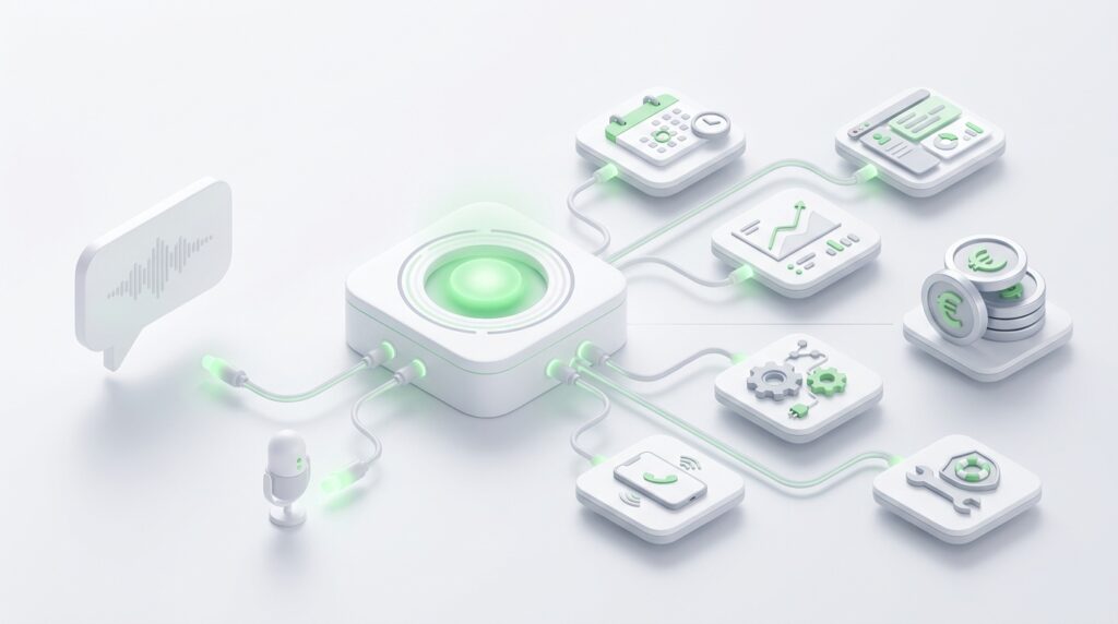 Illustration 3D d’un hub central d’intelligence artificielle relié à plusieurs outils numériques : assistant vocal, analyse de données, automatisation, finances, sécurité et applications métiers.