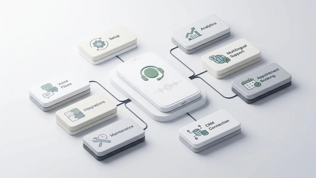 Schéma des principaux postes de coût d’un agent vocal IA : configuration, scénarios vocaux, intégrations, maintenance, analytics, support multilingue, prise de rendez-vous et connexion CRM