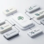 Schéma des principaux postes de coût d’un agent vocal IA : configuration, scénarios vocaux, intégrations, maintenance, analytics, support multilingue, prise de rendez-vous et connexion CRM