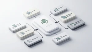 Schéma des principaux postes de coût d’un agent vocal IA : configuration, scénarios vocaux, intégrations, maintenance, analytics, support multilingue, prise de rendez-vous et connexion CRM
