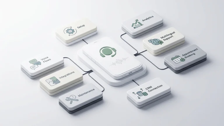 Schéma des principaux postes de coût d’un agent vocal IA : configuration, scénarios vocaux, intégrations, maintenance, analytics, support multilingue, prise de rendez-vous et connexion CRM