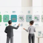 Équipe professionnelle suivant une feuille de route de formation à l’IA avec des étapes de cadrage, gouvernance, outils, validation et adoption
